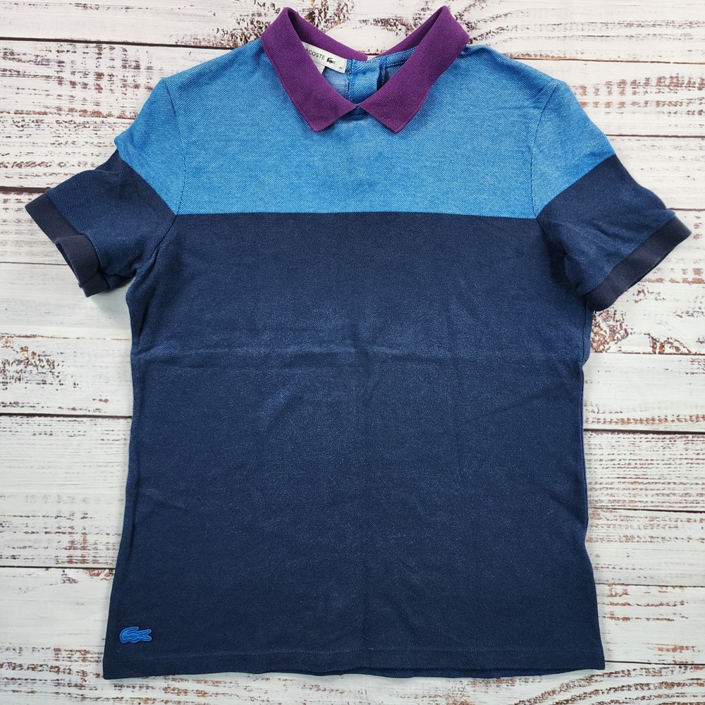 Lacoste Colorblock Reverse Back-Button Pique Polo Shirt Blue Purple SZ 40
